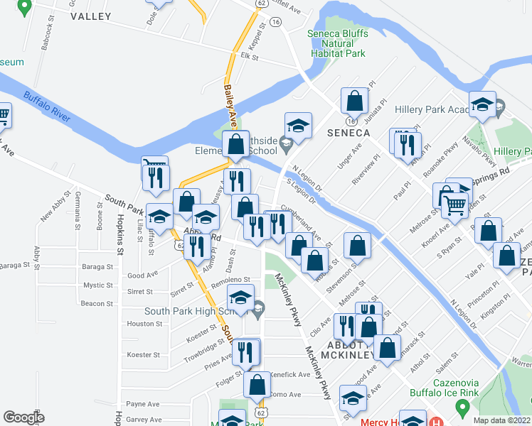 map of restaurants, bars, coffee shops, grocery stores, and more near 324 Southside Parkway in Buffalo