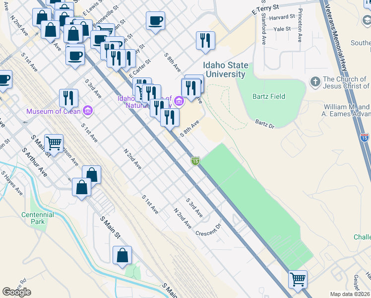 map of restaurants, bars, coffee shops, grocery stores, and more near 1255 South 5th Avenue in Pocatello
