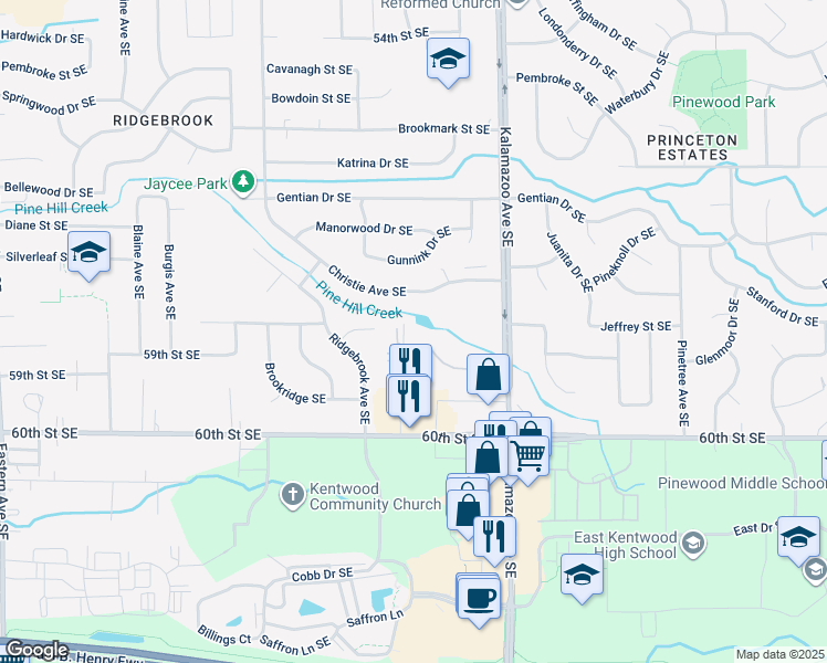 map of restaurants, bars, coffee shops, grocery stores, and more near 1469 Hidden Valley Drive Southeast in Kentwood