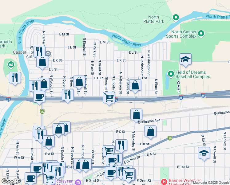 map of restaurants, bars, coffee shops, grocery stores, and more near 744 North Lincoln Street in Casper