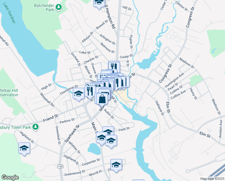 map of restaurants, bars, coffee shops, grocery stores, and more near in Amesbury