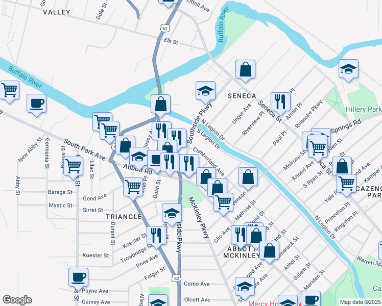 map of restaurants, bars, coffee shops, grocery stores, and more near 20 Cumberland Avenue in Buffalo