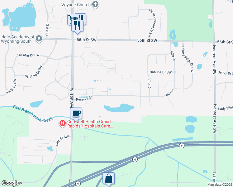 map of restaurants, bars, coffee shops, grocery stores, and more near 5972 Wilson Avenue Southwest in Wyoming