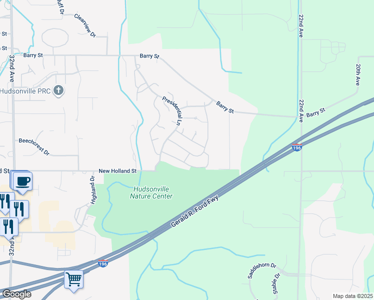 map of restaurants, bars, coffee shops, grocery stores, and more near 4835 Eisenhower Drive in Hudsonville