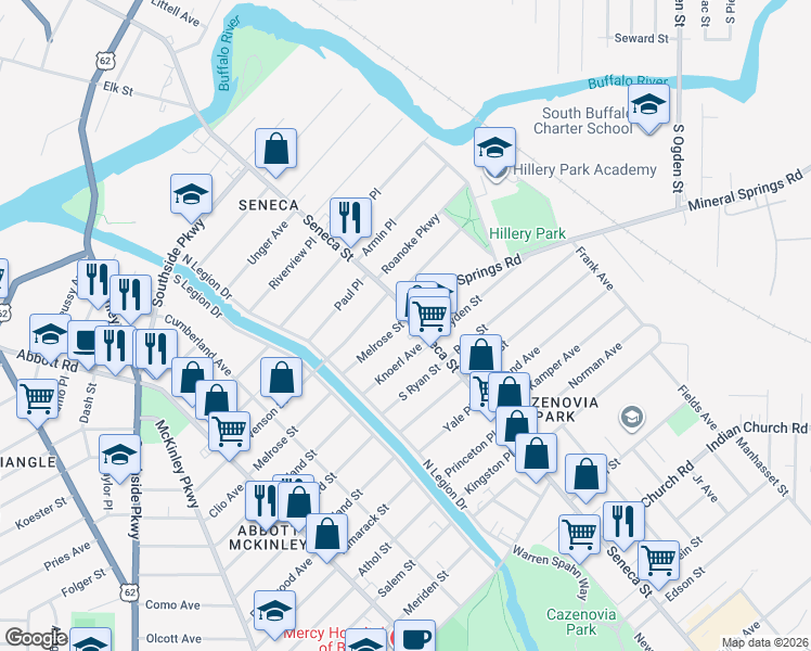 map of restaurants, bars, coffee shops, grocery stores, and more near 1953 Seneca Street in Buffalo
