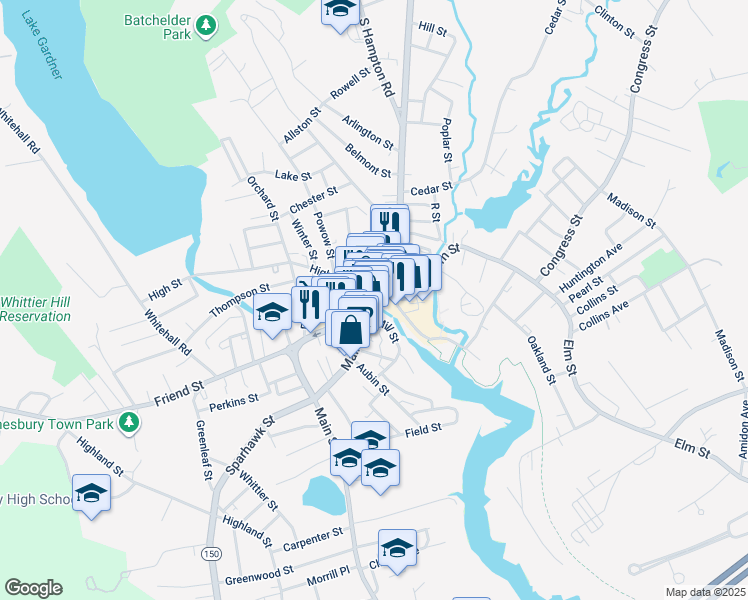 map of restaurants, bars, coffee shops, grocery stores, and more near 15 Main Street in Amesbury