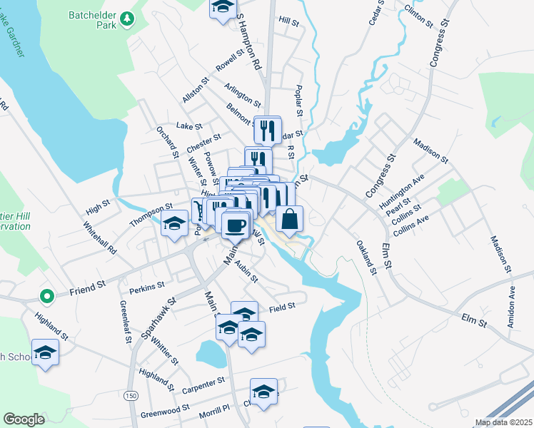 map of restaurants, bars, coffee shops, grocery stores, and more near 18 Elm Street in Amesbury