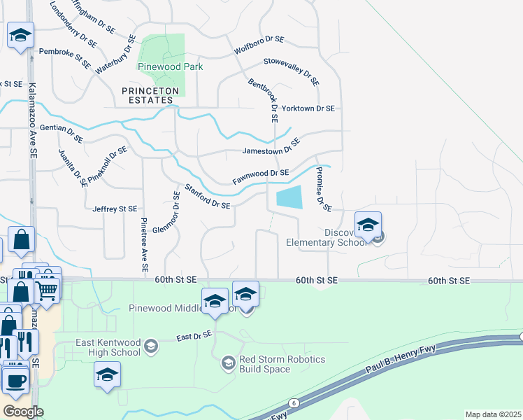 map of restaurants, bars, coffee shops, grocery stores, and more near 5803 Appleview Street Southeast in Kentwood