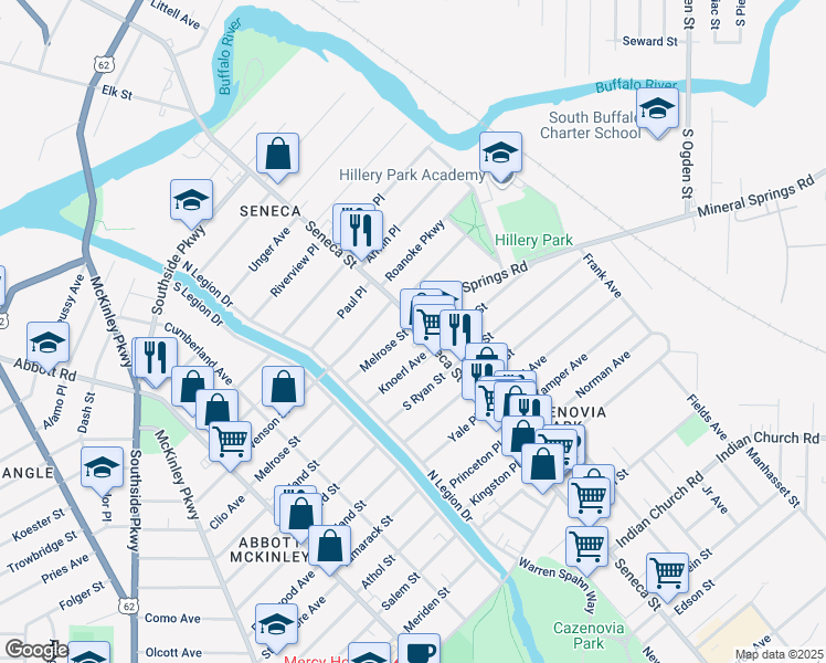 map of restaurants, bars, coffee shops, grocery stores, and more near 1953 Seneca Street in Buffalo