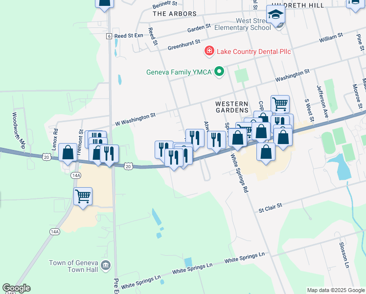 map of restaurants, bars, coffee shops, grocery stores, and more near 23 Reed Street in Geneva
