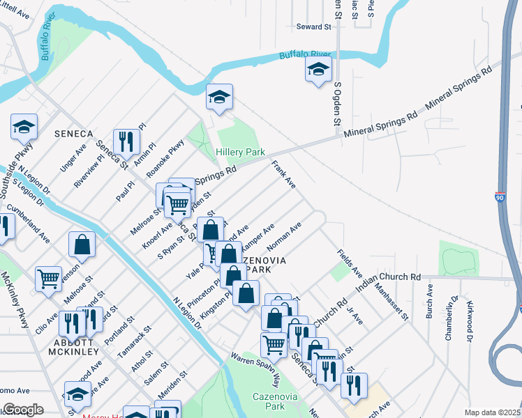 map of restaurants, bars, coffee shops, grocery stores, and more near 181 Geary Street in Buffalo