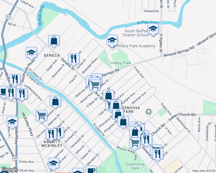 map of restaurants, bars, coffee shops, grocery stores, and more near 54 Ryan Street in Buffalo