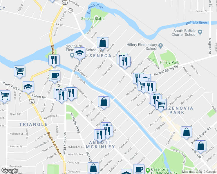 map of restaurants, bars, coffee shops, grocery stores, and more near 35 Hammerschmidt Avenue in Buffalo