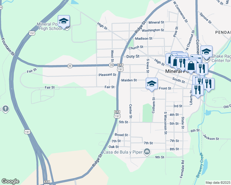 map of restaurants, bars, coffee shops, grocery stores, and more near 710 Fair Street in Mineral Point