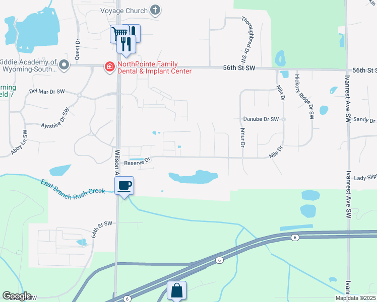 map of restaurants, bars, coffee shops, grocery stores, and more near 5972 Wilson Avenue Southwest in Wyoming