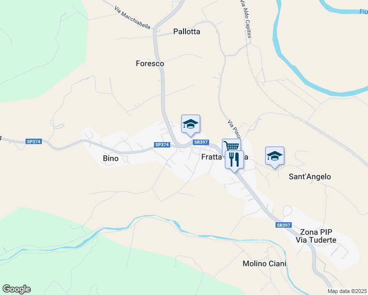 map of restaurants, bars, coffee shops, grocery stores, and more near Via Circonvallazione in Provincia di Perugia