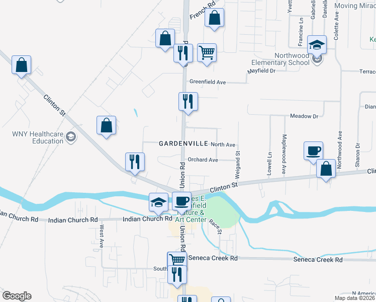 map of restaurants, bars, coffee shops, grocery stores, and more near 2119 New York 277 in West Seneca