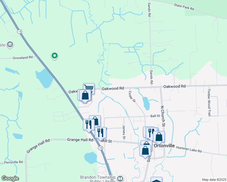 map of restaurants, bars, coffee shops, grocery stores, and more near 300 Oakwood Road in Brandon Township