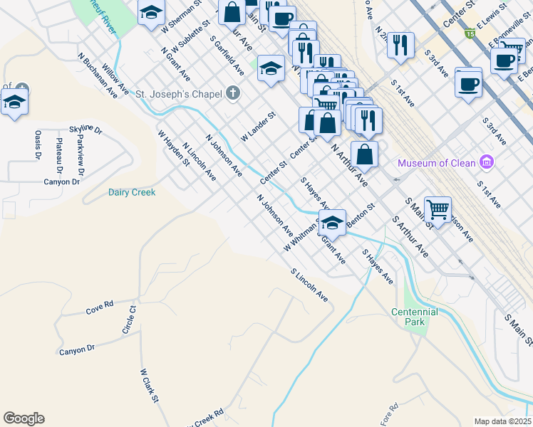 map of restaurants, bars, coffee shops, grocery stores, and more near 207 South Johnson Avenue in Pocatello