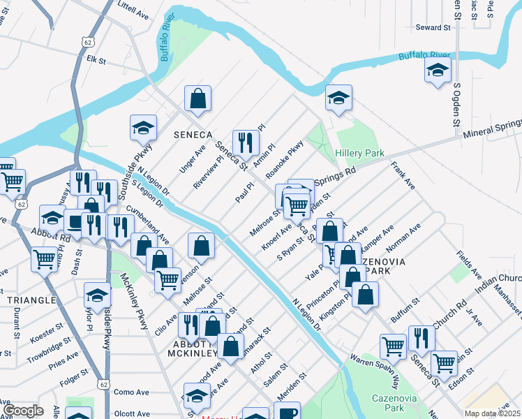 map of restaurants, bars, coffee shops, grocery stores, and more near 209 Stevenson St in Buffalo