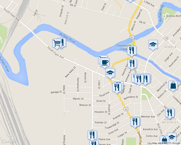 map of restaurants, bars, coffee shops, grocery stores, and more near 1409 South Park Avenue in Buffalo