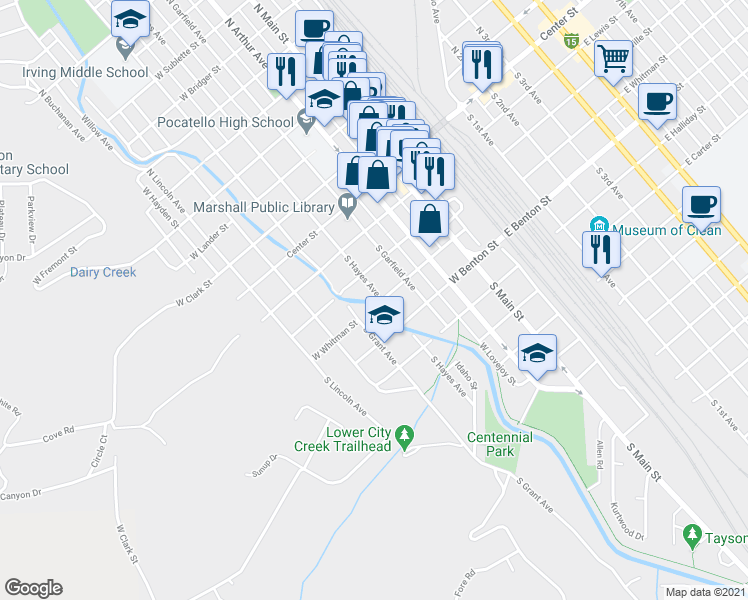 map of restaurants, bars, coffee shops, grocery stores, and more near 327 South Hayes Avenue in Pocatello
