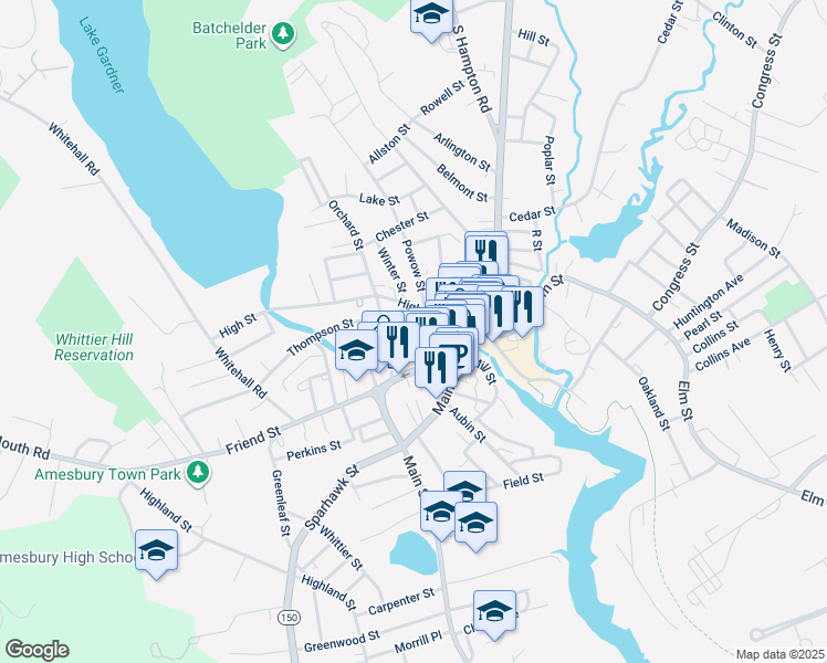 map of restaurants, bars, coffee shops, grocery stores, and more near 18 Millyard in Amesbury