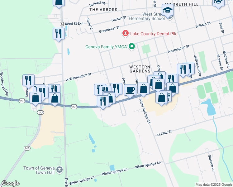 map of restaurants, bars, coffee shops, grocery stores, and more near 23 Reed Street in Geneva