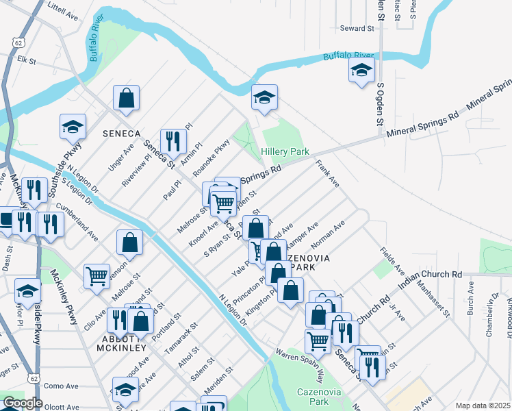 map of restaurants, bars, coffee shops, grocery stores, and more near 54 Ryan Street in Buffalo