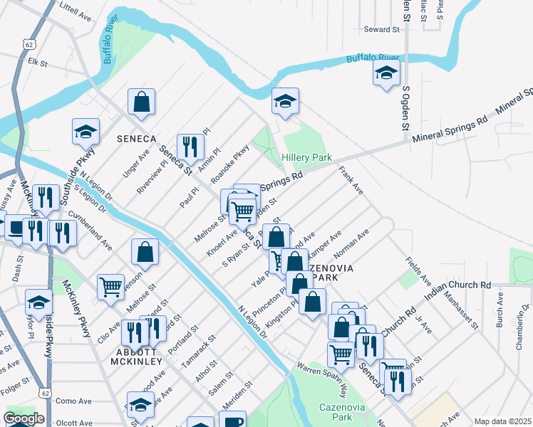 map of restaurants, bars, coffee shops, grocery stores, and more near 54 Ryan Street in Buffalo