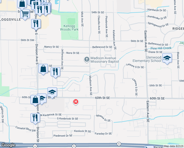 map of restaurants, bars, coffee shops, grocery stores, and more near 423 Pine Place Street Southeast in Kentwood