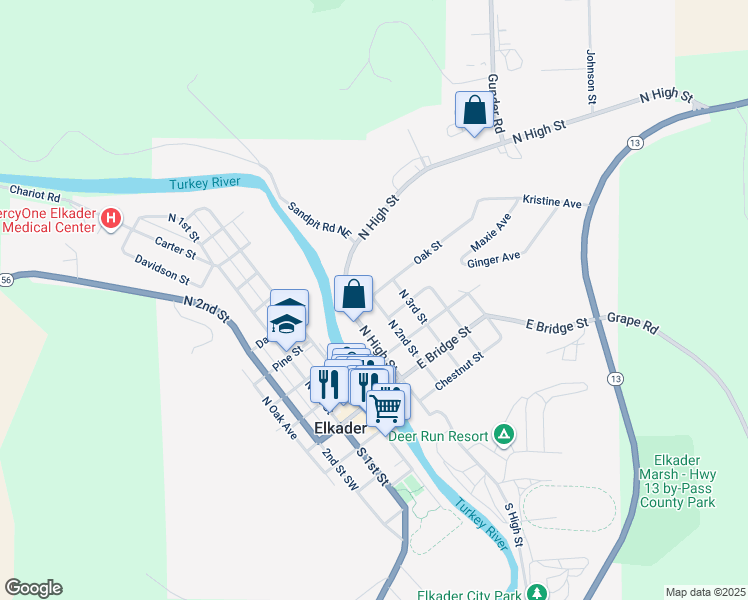 map of restaurants, bars, coffee shops, grocery stores, and more near 200 Oak Street in Elkader