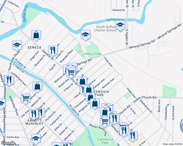 map of restaurants, bars, coffee shops, grocery stores, and more near 148 Geary St in Buffalo