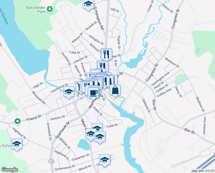 map of restaurants, bars, coffee shops, grocery stores, and more near 29 Elm Street in Amesbury