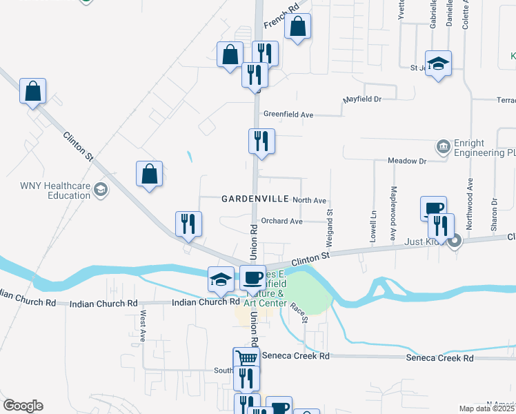map of restaurants, bars, coffee shops, grocery stores, and more near 2119 New York 277 in West Seneca