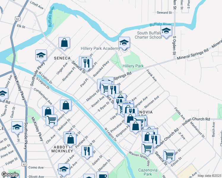 map of restaurants, bars, coffee shops, grocery stores, and more near 24 Hayden Street in Buffalo