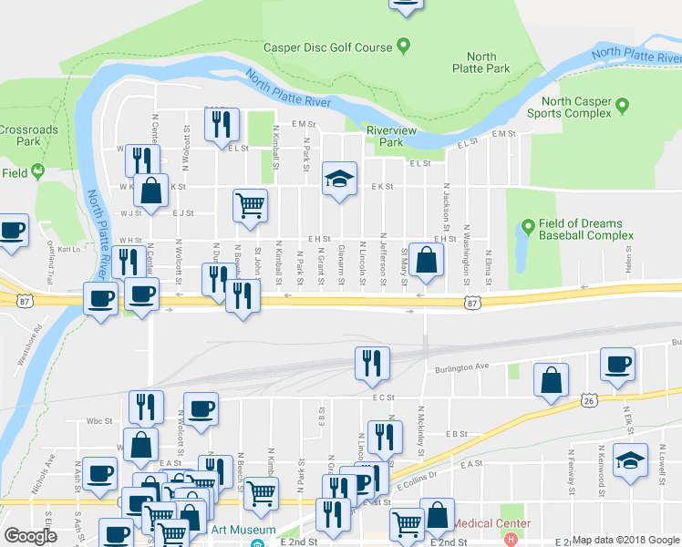 map of restaurants, bars, coffee shops, grocery stores, and more near 738 Glenarm Street in Casper