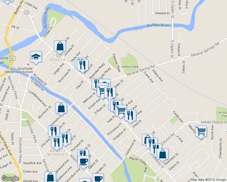 map of restaurants, bars, coffee shops, grocery stores, and more near 54 Ryan Street in Buffalo