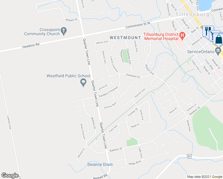 map of restaurants, bars, coffee shops, grocery stores, and more near 91 Sanders Crescent in Tillsonburg