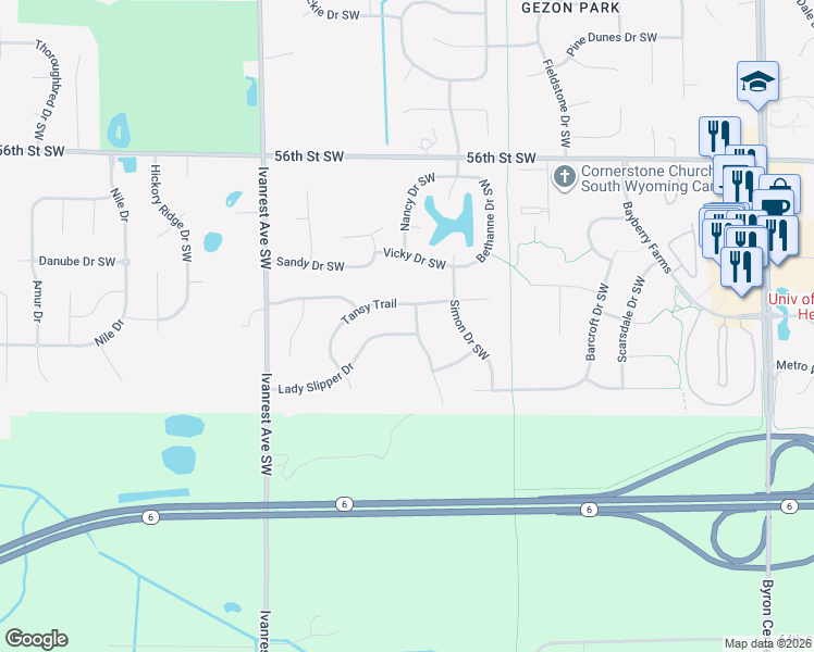 map of restaurants, bars, coffee shops, grocery stores, and more near 2983 Lady Slipper Drive in Wyoming