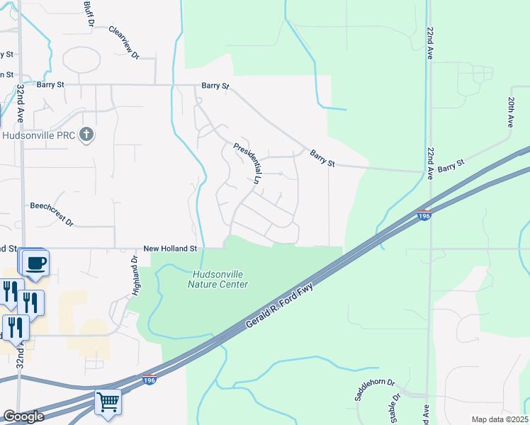 map of restaurants, bars, coffee shops, grocery stores, and more near 4835 Eisenhower Drive in Hudsonville