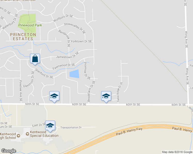 map of restaurants, bars, coffee shops, grocery stores, and more near 5820 Brookfarm Drive Southeast in Kentwood