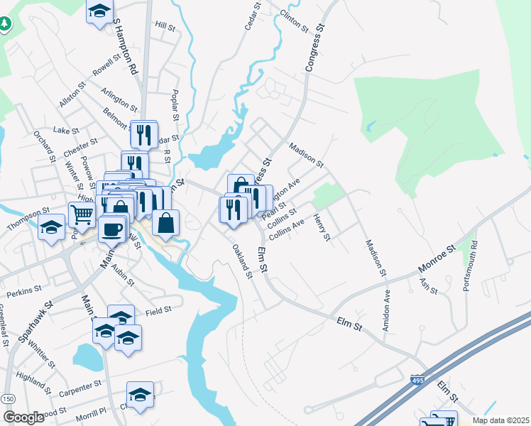 map of restaurants, bars, coffee shops, grocery stores, and more near 35778 Pearl Street in Amesbury