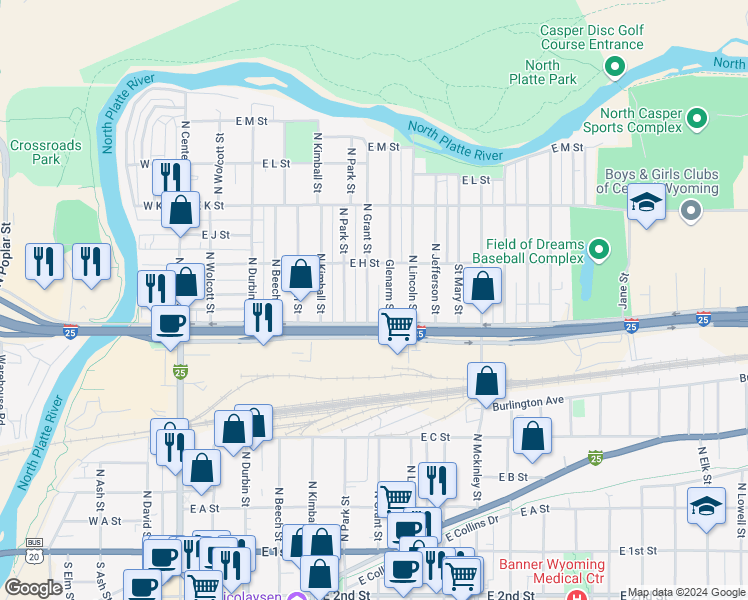 map of restaurants, bars, coffee shops, grocery stores, and more near 739 North Grant Street in Casper