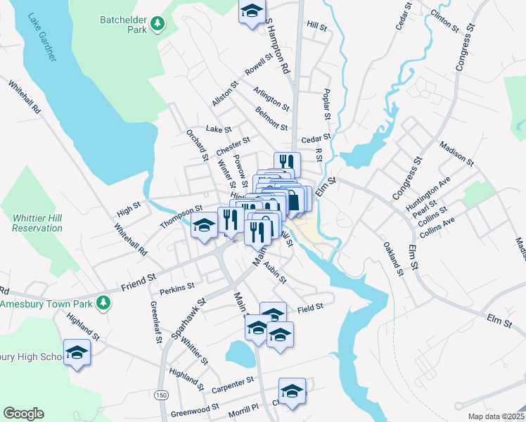 map of restaurants, bars, coffee shops, grocery stores, and more near 10 Mill Yard in Amesbury