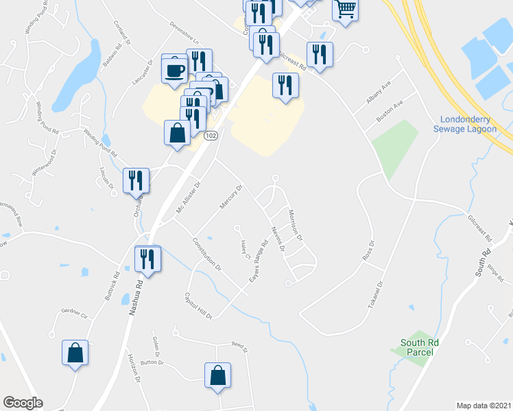 map of restaurants, bars, coffee shops, grocery stores, and more near 4 Nevins Drive in Londonderry