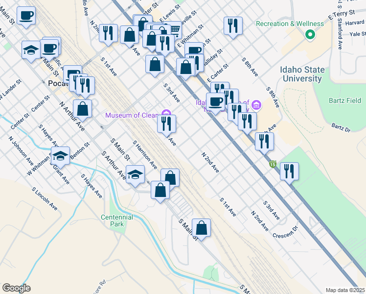 map of restaurants, bars, coffee shops, grocery stores, and more near 902 South 1st Avenue in Pocatello