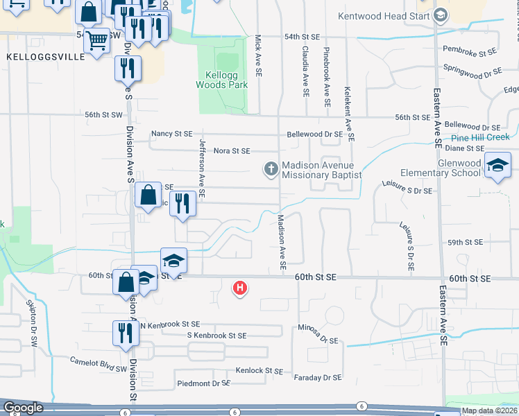 map of restaurants, bars, coffee shops, grocery stores, and more near 330 Majestic Street Southeast in Kentwood