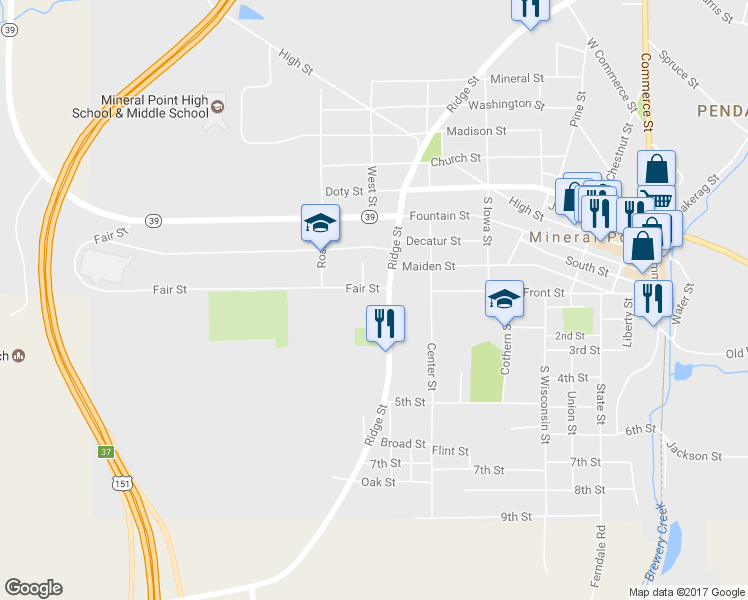 map of restaurants, bars, coffee shops, grocery stores, and more near 710 Fair St in Mineral Point