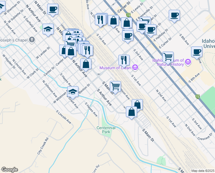map of restaurants, bars, coffee shops, grocery stores, and more near 631 South Main Street in Pocatello